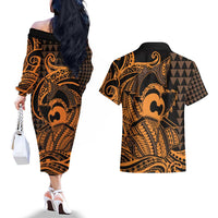Koa Ikaika Warrior Helmet with Shark Couples Matching Off The Shoulder Long Sleeve Dress and Hawaiian Shirt Gold Kakau Style LT9 - Polynesian Pride