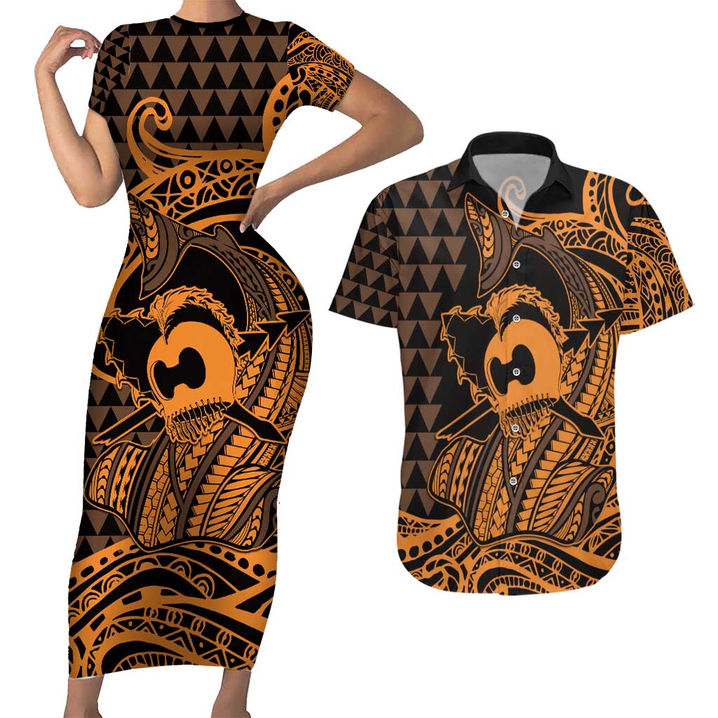 Koa Ikaika Warrior Helmet with Shark Couples Matching Short Sleeve Bodycon Dress and Hawaiian Shirt Gold Kakau Style LT9 Gold - Polynesian Pride