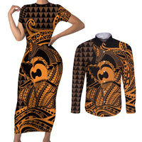 Koa Ikaika Warrior Helmet with Shark Couples Matching Short Sleeve Bodycon Dress and Long Sleeve Button Shirt Gold Kakau Style LT9 Gold - Polynesian Pride