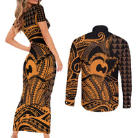Koa Ikaika Warrior Helmet with Shark Couples Matching Short Sleeve Bodycon Dress and Long Sleeve Button Shirt Gold Kakau Style LT9 - Polynesian Pride