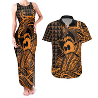 Koa Ikaika Warrior Helmet with Shark Couples Matching Tank Maxi Dress and Hawaiian Shirt Gold Kakau Style LT9 Gold - Polynesian Pride