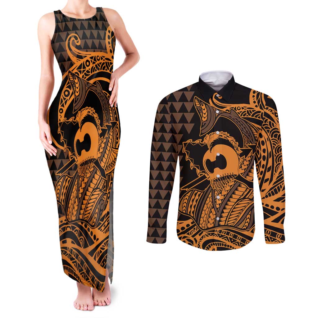 Koa Ikaika Warrior Helmet with Shark Couples Matching Tank Maxi Dress and Long Sleeve Button Shirt Gold Kakau Style LT9 Gold - Polynesian Pride