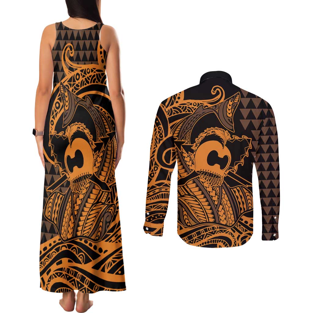 Koa Ikaika Warrior Helmet with Shark Couples Matching Tank Maxi Dress and Long Sleeve Button Shirt Gold Kakau Style LT9 - Polynesian Pride