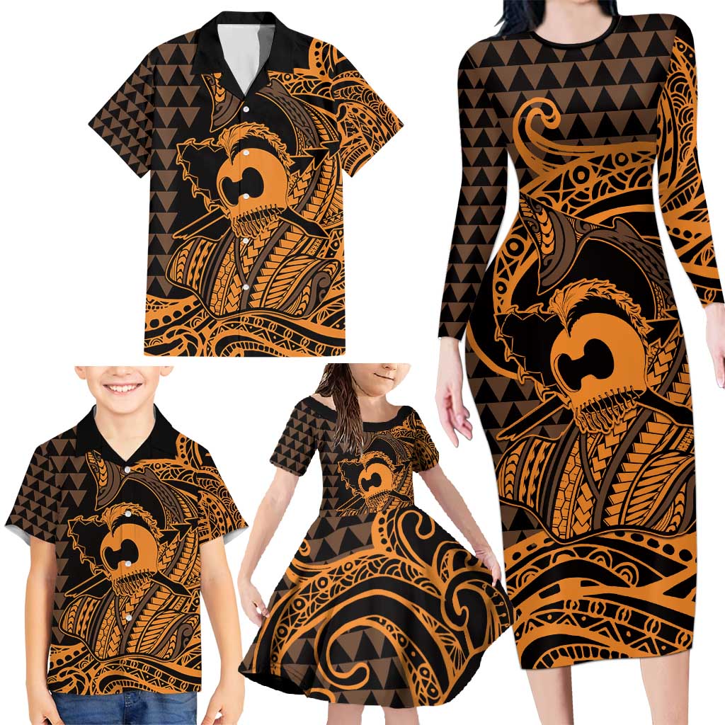 Koa Ikaika Warrior Helmet with Shark Family Matching Long Sleeve Bodycon Dress and Hawaiian Shirt Gold Kakau Style LT9 - Polynesian Pride
