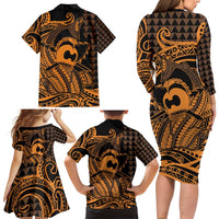 Koa Ikaika Warrior Helmet with Shark Family Matching Long Sleeve Bodycon Dress and Hawaiian Shirt Gold Kakau Style LT9 - Polynesian Pride