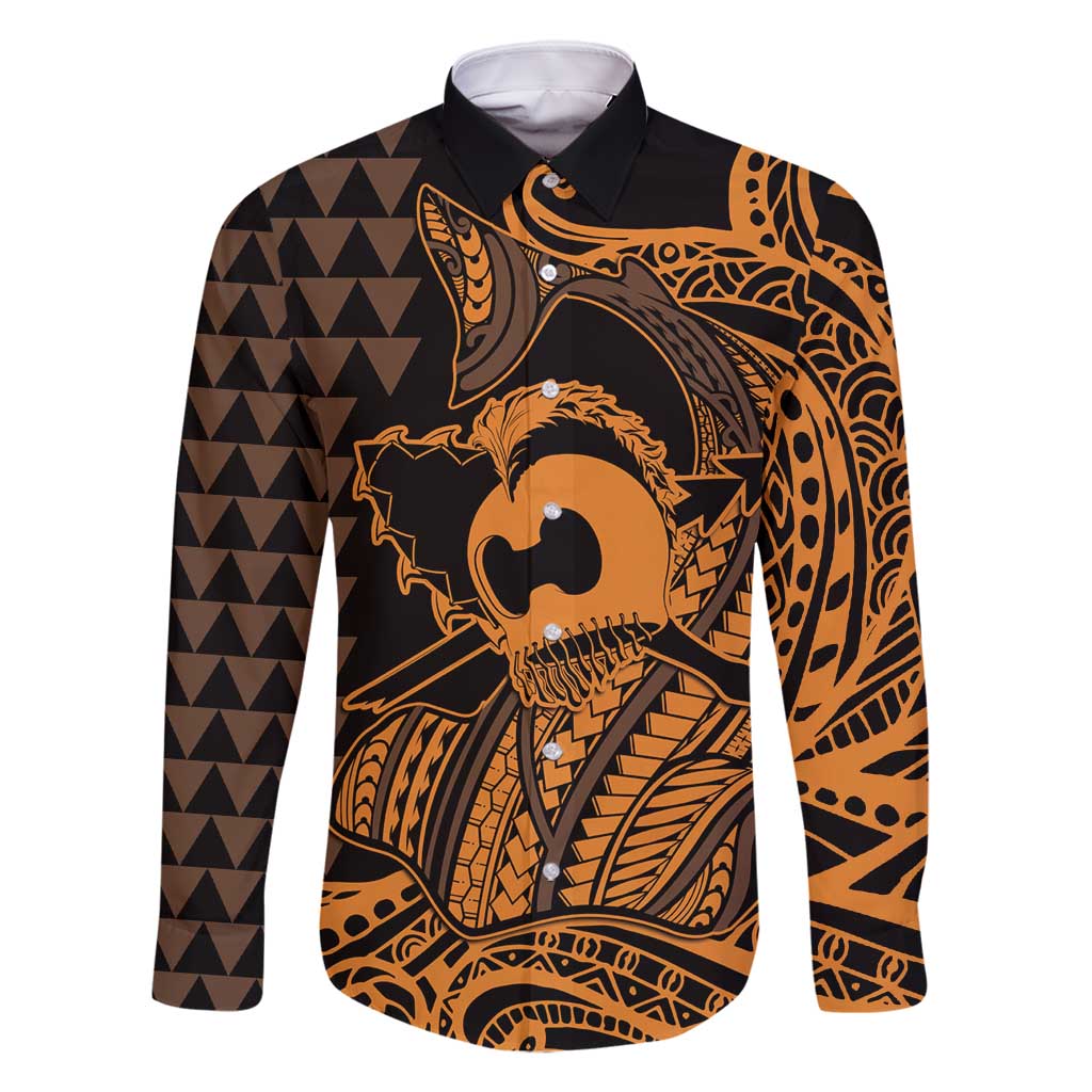 Koa Ikaika Warrior Helmet with Shark Family Matching Long Sleeve Bodycon Dress and Hawaiian Shirt Gold Kakau Style LT9 Dad's Shirt - Long Sleeve Gold - Polynesian Pride