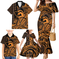 Koa Ikaika Warrior Helmet with Shark Family Matching Mermaid Dress and Hawaiian Shirt Gold Kakau Style LT9 - Polynesian Pride