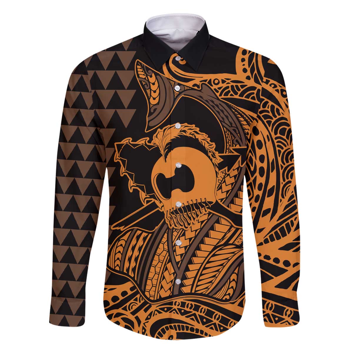 Koa Ikaika Warrior Helmet with Shark Family Matching Off The Shoulder Long Sleeve Dress and Hawaiian Shirt Gold Kakau Style LT9 Dad's Shirt - Long Sleeve Gold - Polynesian Pride