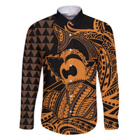 Koa Ikaika Warrior Helmet with Shark Family Matching Off The Shoulder Long Sleeve Dress and Hawaiian Shirt Gold Kakau Style LT9 Dad's Shirt - Long Sleeve Gold - Polynesian Pride