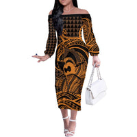 Koa Ikaika Warrior Helmet with Shark Family Matching Off The Shoulder Long Sleeve Dress and Hawaiian Shirt Gold Kakau Style LT9 Mom's Dress Gold - Polynesian Pride