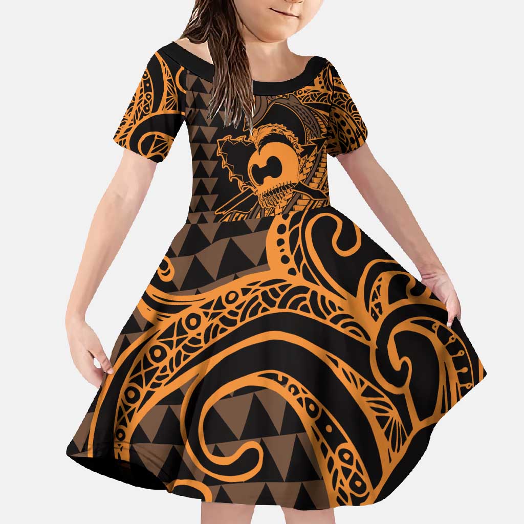 Koa Ikaika Warrior Helmet with Shark Family Matching Off Shoulder Maxi Dress and Hawaiian Shirt Gold Kakau Style LT9 Daughter's Dress Gold - Polynesian Pride