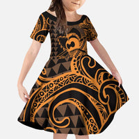 Koa Ikaika Warrior Helmet with Shark Family Matching Off Shoulder Maxi Dress and Hawaiian Shirt Gold Kakau Style LT9 Daughter's Dress Gold - Polynesian Pride