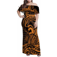 Koa Ikaika Warrior Helmet with Shark Family Matching Off Shoulder Maxi Dress and Hawaiian Shirt Gold Kakau Style LT9 Mom's Dress Gold - Polynesian Pride