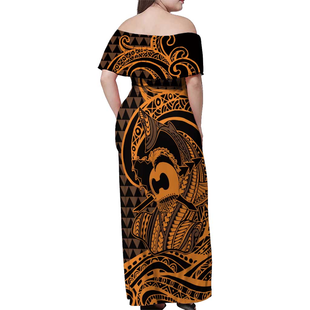 Koa Ikaika Warrior Helmet with Shark Family Matching Off Shoulder Maxi Dress and Hawaiian Shirt Gold Kakau Style LT9 - Polynesian Pride