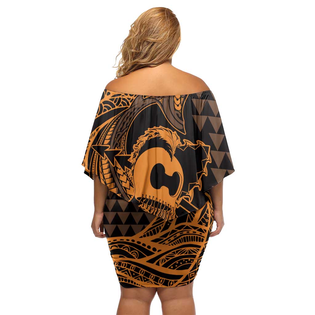 Koa Ikaika Warrior Helmet with Shark Family Matching Off Shoulder Short Dress and Hawaiian Shirt Gold Kakau Style LT9 - Polynesian Pride