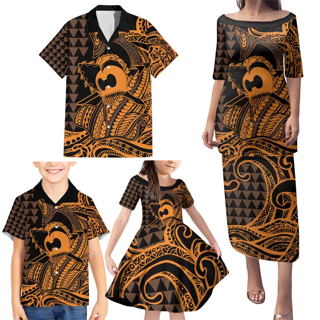 Koa Ikaika Warrior Helmet with Shark Family Matching Puletasi and Hawaiian Shirt Gold Kakau Style LT9 - Polynesian Pride