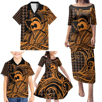 Koa Ikaika Warrior Helmet with Shark Family Matching Puletasi and Hawaiian Shirt Gold Kakau Style LT9 - Polynesian Pride