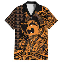 Koa Ikaika Warrior Helmet with Shark Family Matching Puletasi and Hawaiian Shirt Gold Kakau Style LT9 Dad's Shirt - Short Sleeve Gold - Polynesian Pride