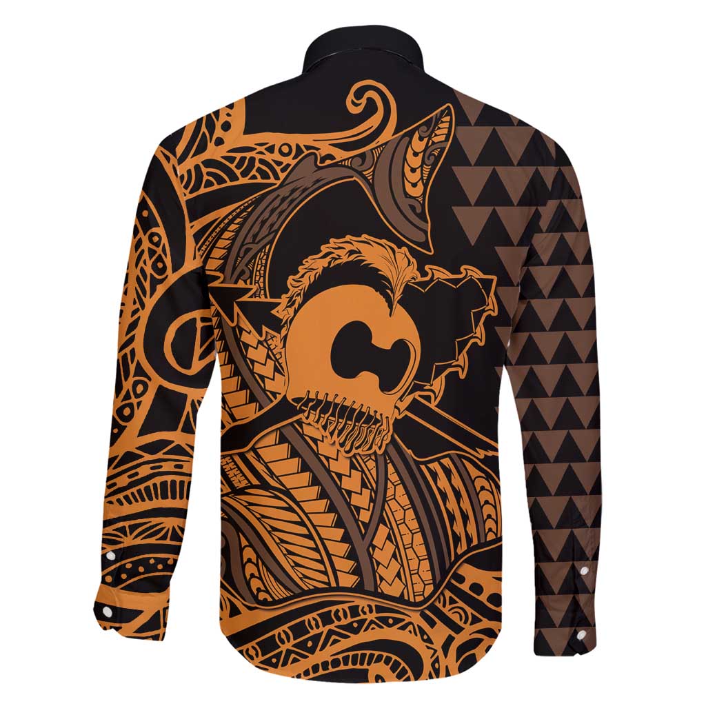 Koa Ikaika Warrior Helmet with Shark Family Matching Puletasi and Hawaiian Shirt Gold Kakau Style LT9 - Polynesian Pride