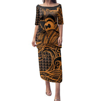 Koa Ikaika Warrior Helmet with Shark Family Matching Puletasi and Hawaiian Shirt Gold Kakau Style LT9 Mom's Dress Gold - Polynesian Pride