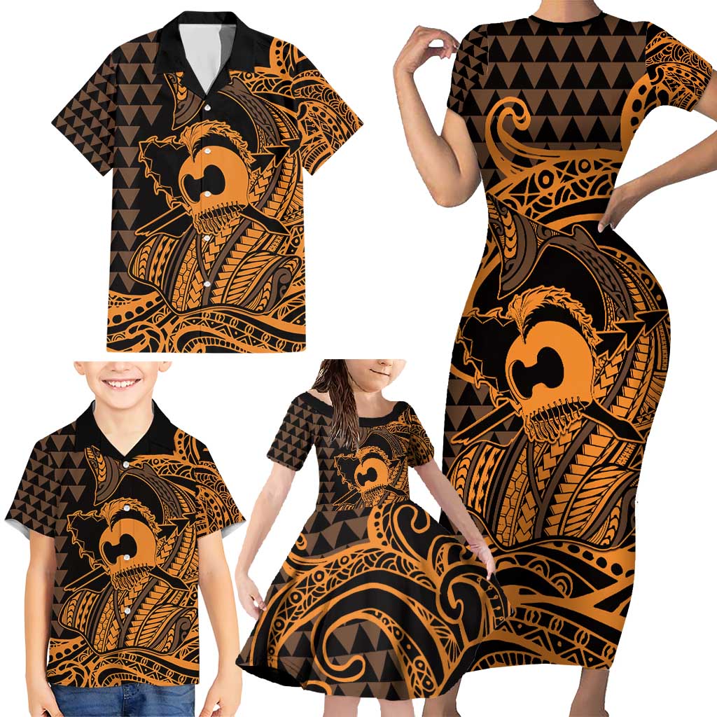 Koa Ikaika Warrior Helmet with Shark Family Matching Short Sleeve Bodycon Dress and Hawaiian Shirt Gold Kakau Style LT9 - Polynesian Pride