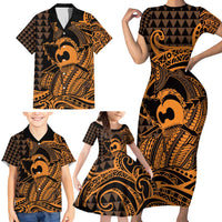Koa Ikaika Warrior Helmet with Shark Family Matching Short Sleeve Bodycon Dress and Hawaiian Shirt Gold Kakau Style LT9 - Polynesian Pride