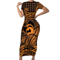 Koa Ikaika Warrior Helmet with Shark Family Matching Short Sleeve Bodycon Dress and Hawaiian Shirt Gold Kakau Style LT9 Mom's Dress Gold - Polynesian Pride