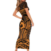 Koa Ikaika Warrior Helmet with Shark Family Matching Short Sleeve Bodycon Dress and Hawaiian Shirt Gold Kakau Style LT9 - Polynesian Pride