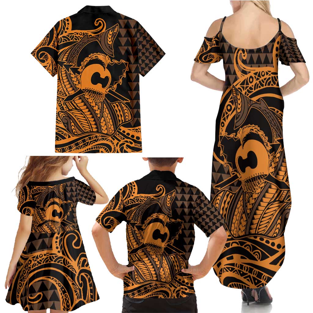 Koa Ikaika Warrior Helmet with Shark Family Matching Summer Maxi Dress and Hawaiian Shirt Gold Kakau Style LT9 - Polynesian Pride