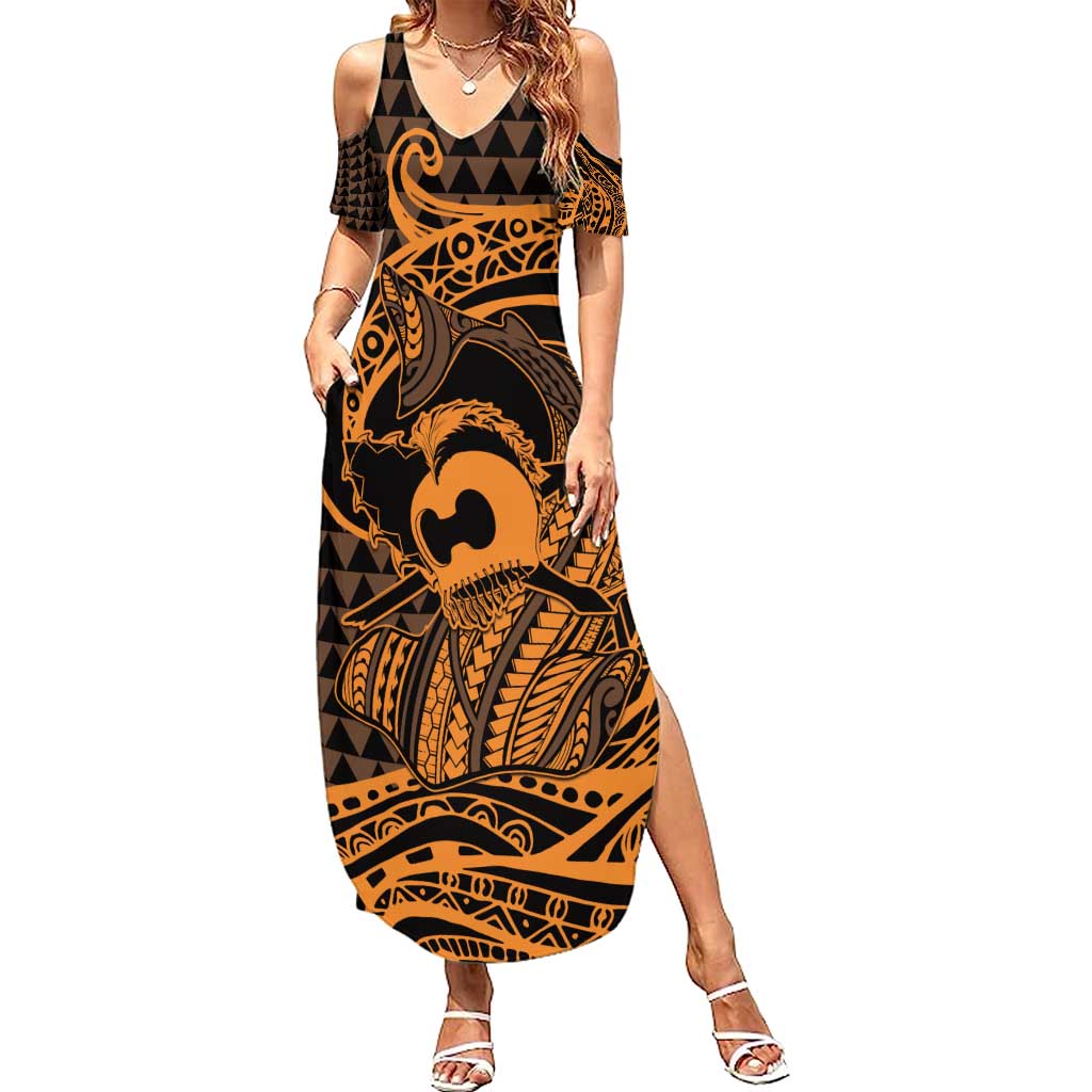 Koa Ikaika Warrior Helmet with Shark Family Matching Summer Maxi Dress and Hawaiian Shirt Gold Kakau Style LT9 Mom's Dress Gold - Polynesian Pride