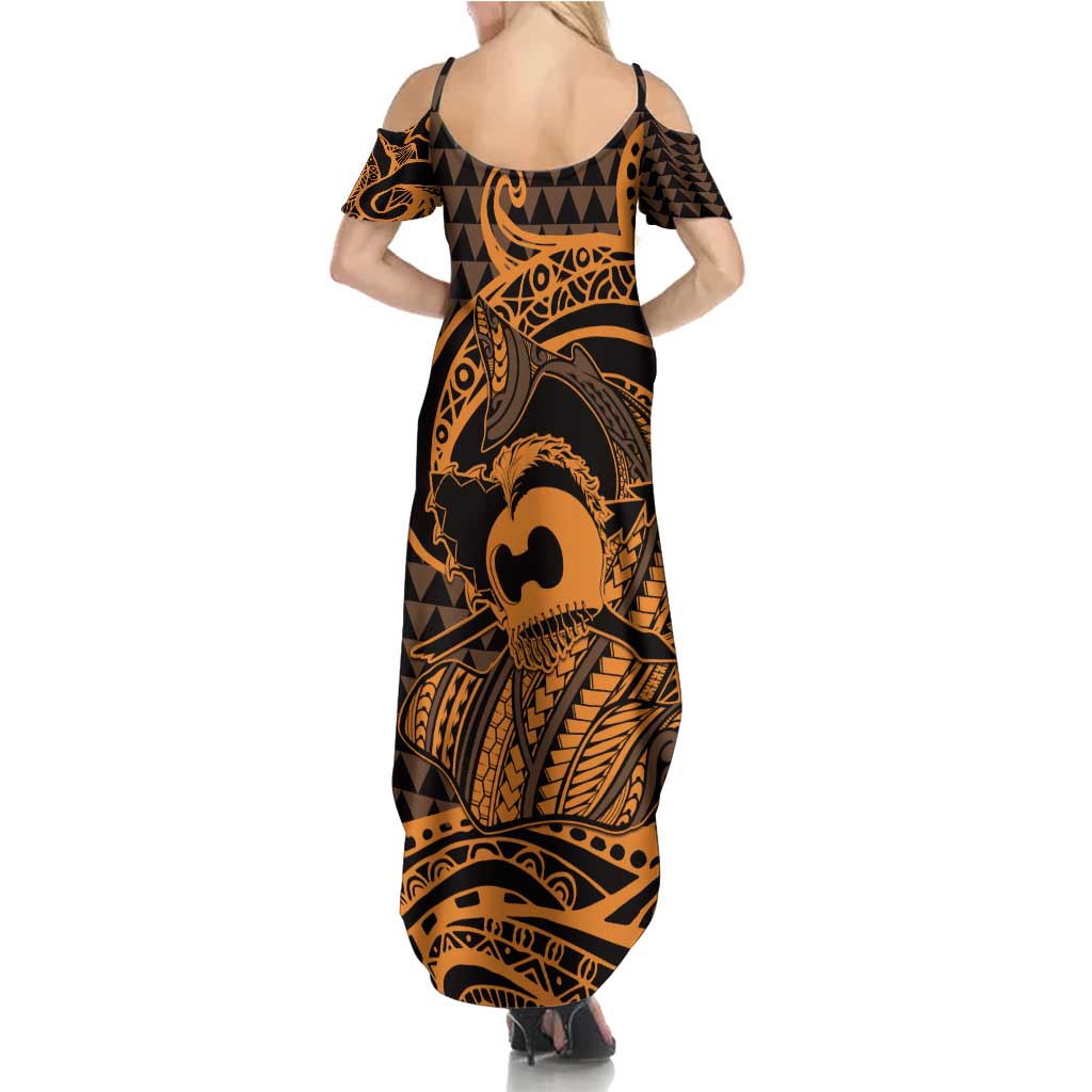 Koa Ikaika Warrior Helmet with Shark Family Matching Summer Maxi Dress and Hawaiian Shirt Gold Kakau Style LT9 - Polynesian Pride