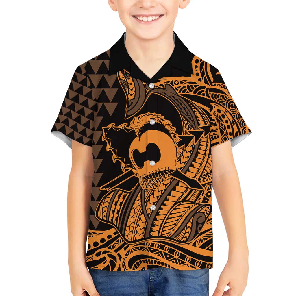 Koa Ikaika Warrior Helmet with Shark Family Matching Summer Maxi Dress and Hawaiian Shirt Gold Kakau Style LT9 Son's Shirt Gold - Polynesian Pride