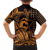 Koa Ikaika Warrior Helmet with Shark Family Matching Tank Maxi Dress and Hawaiian Shirt Gold Kakau Style LT9 - Polynesian Pride