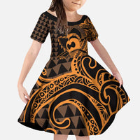 Koa Ikaika Warrior Helmet with Shark Family Matching Tank Maxi Dress and Hawaiian Shirt Gold Kakau Style LT9 Daughter's Dress Gold - Polynesian Pride
