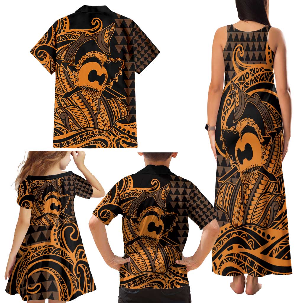 Koa Ikaika Warrior Helmet with Shark Family Matching Tank Maxi Dress and Hawaiian Shirt Gold Kakau Style LT9 - Polynesian Pride