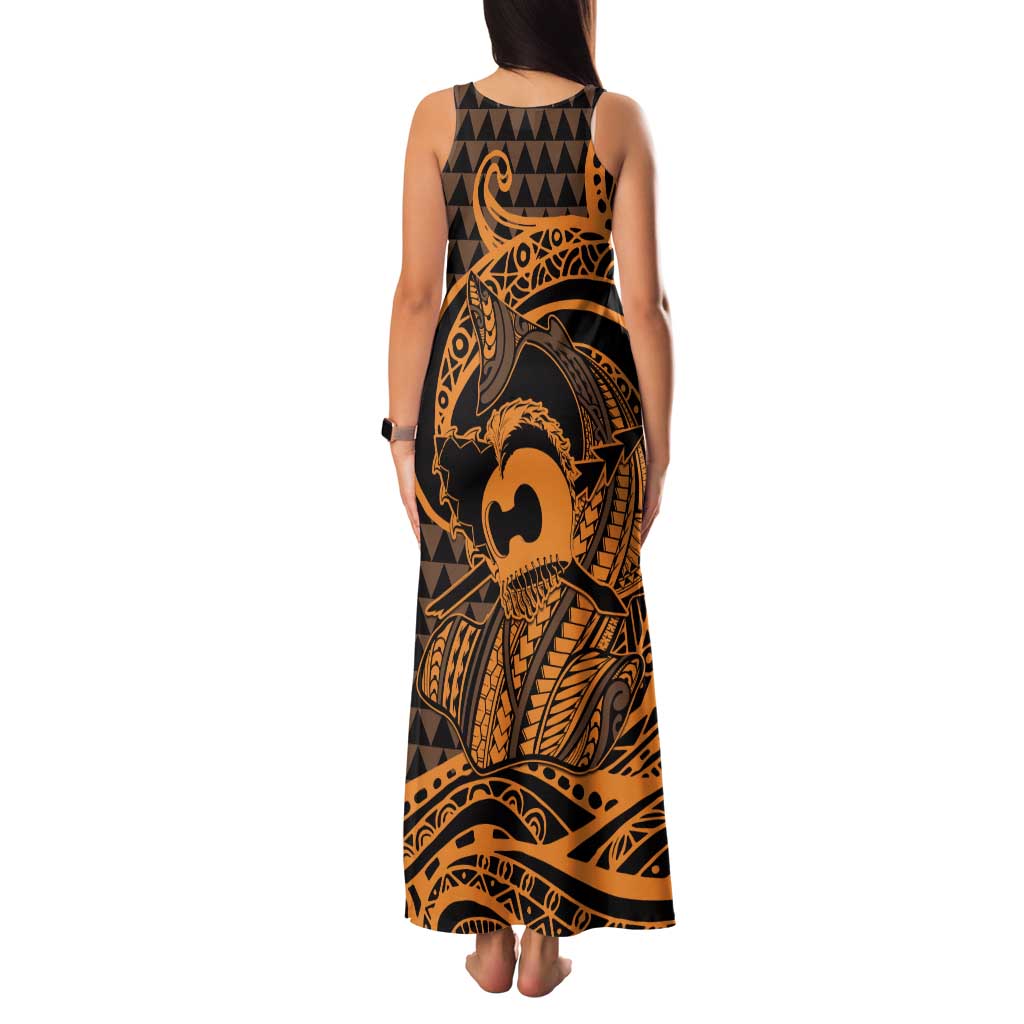 Koa Ikaika Warrior Helmet with Shark Family Matching Tank Maxi Dress and Hawaiian Shirt Gold Kakau Style LT9 - Polynesian Pride
