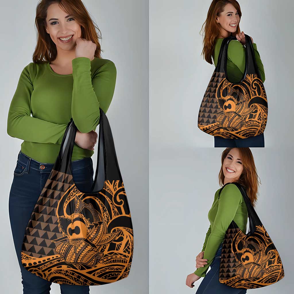 Koa Ikaika Warrior Helmet with Shark Grocery Bag Gold Kakau Style