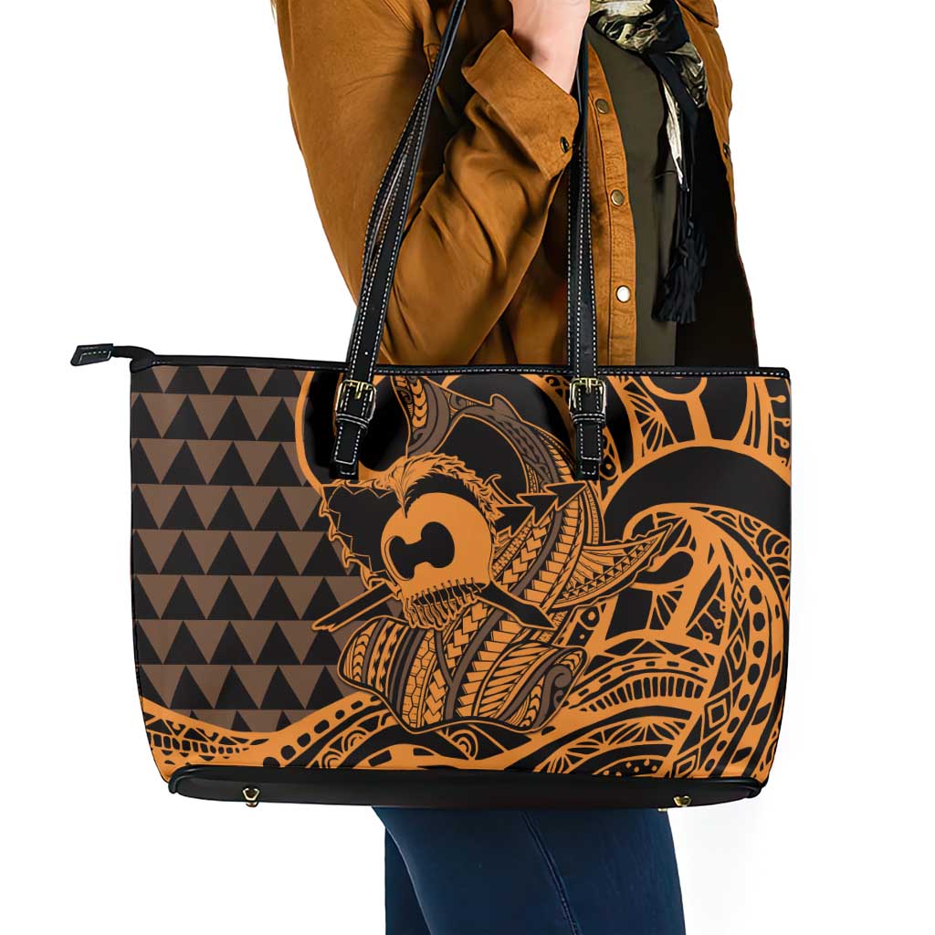 Koa Ikaika Warrior Helmet with Shark Leather Tote Bag Gold Kakau Style
