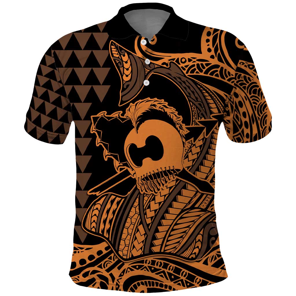Koa Ikaika Warrior Helmet with Shark Polo Shirt Gold Kakau Style LT9 Gold - Polynesian Pride