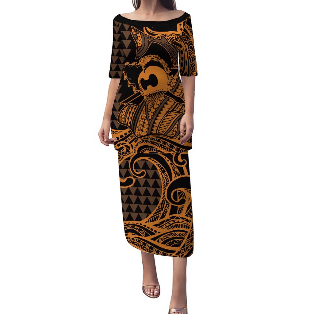 Koa Ikaika Warrior Helmet with Shark Puletasi Gold Kakau Style LT9 Long Dress Gold - Polynesian Pride