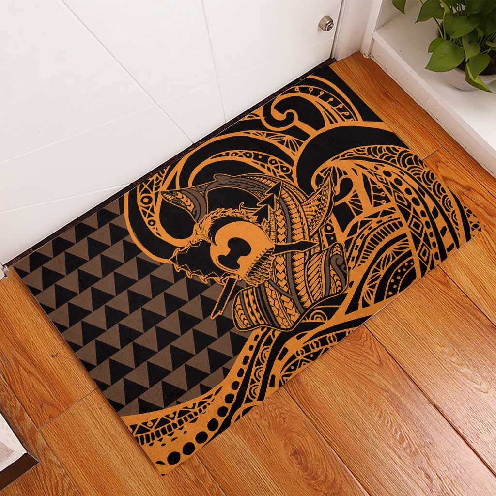Koa Ikaika Warrior Helmet with Shark Rubber Doormat Gold Kakau Style