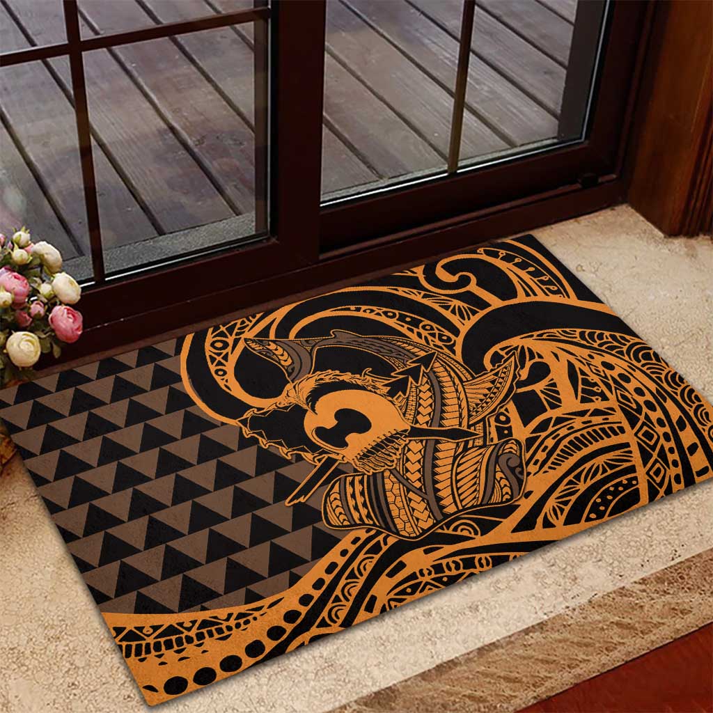 Koa Ikaika Warrior Helmet with Shark Rubber Doormat Gold Kakau Style