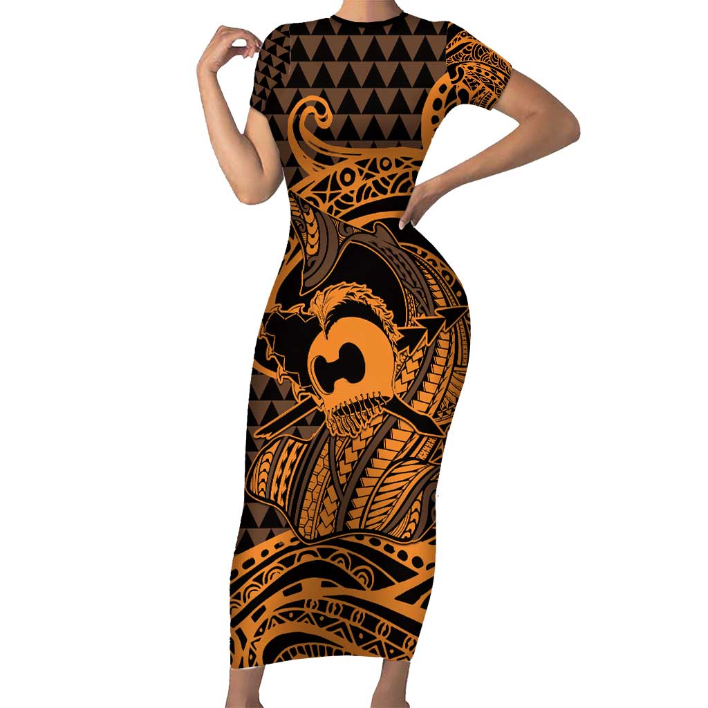 Koa Ikaika Warrior Helmet with Shark Short Sleeve Bodycon Dress Gold Kakau Style LT9 Long Dress Gold - Polynesian Pride