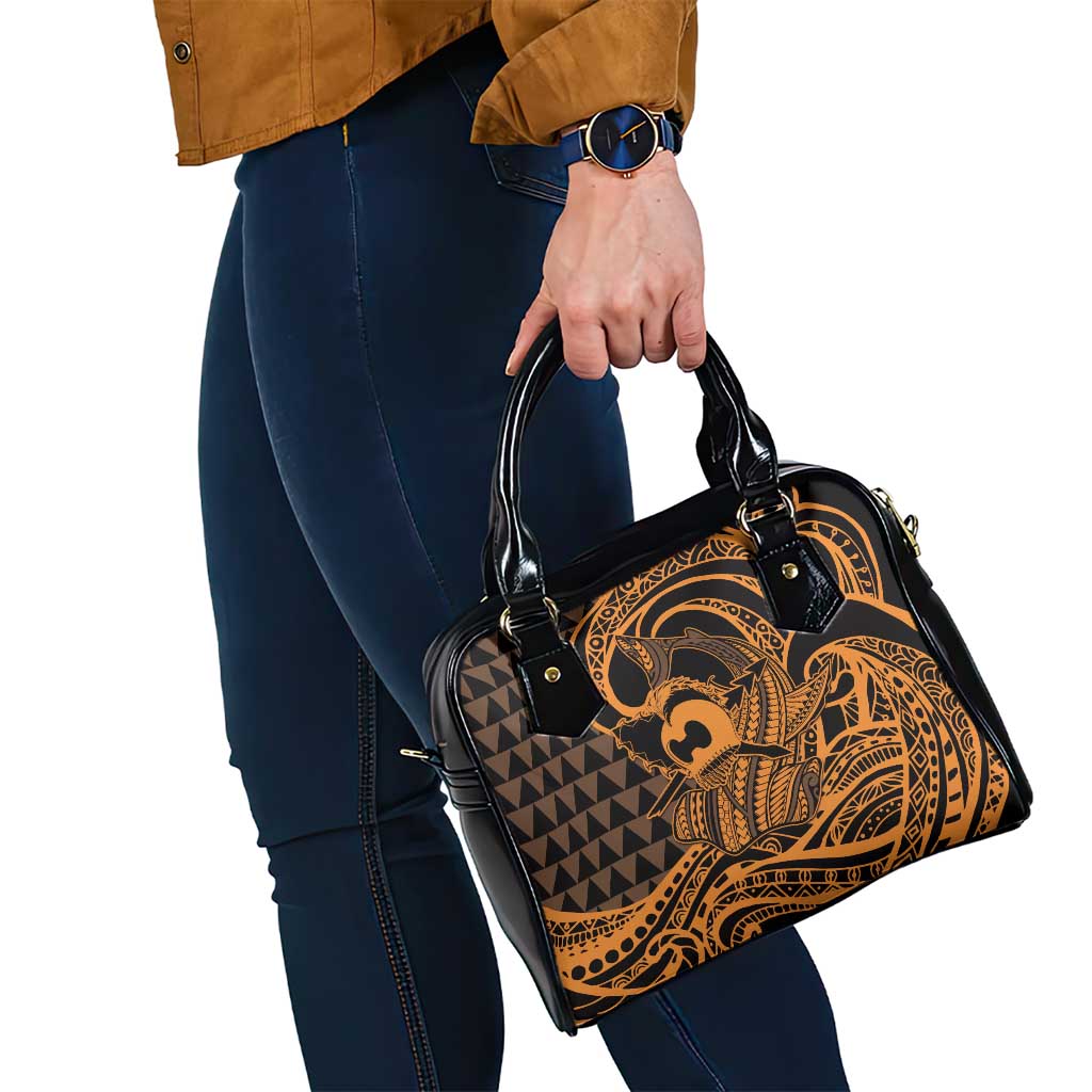 Koa Ikaika Warrior Helmet with Shark Shoulder Handbag Gold Kakau Style
