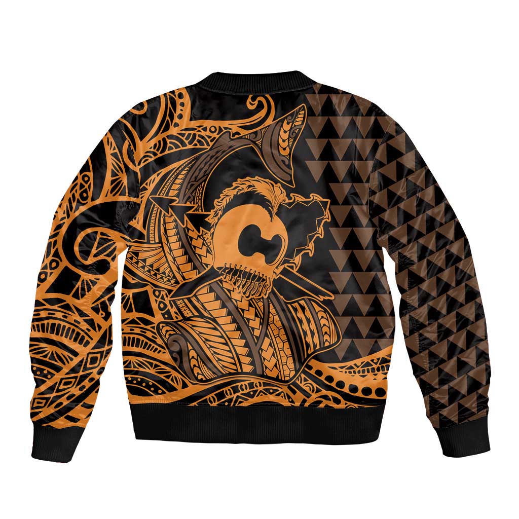 Koa Ikaika Warrior Helmet with Shark Sleeve Zip Bomber Jacket Gold Kakau Style