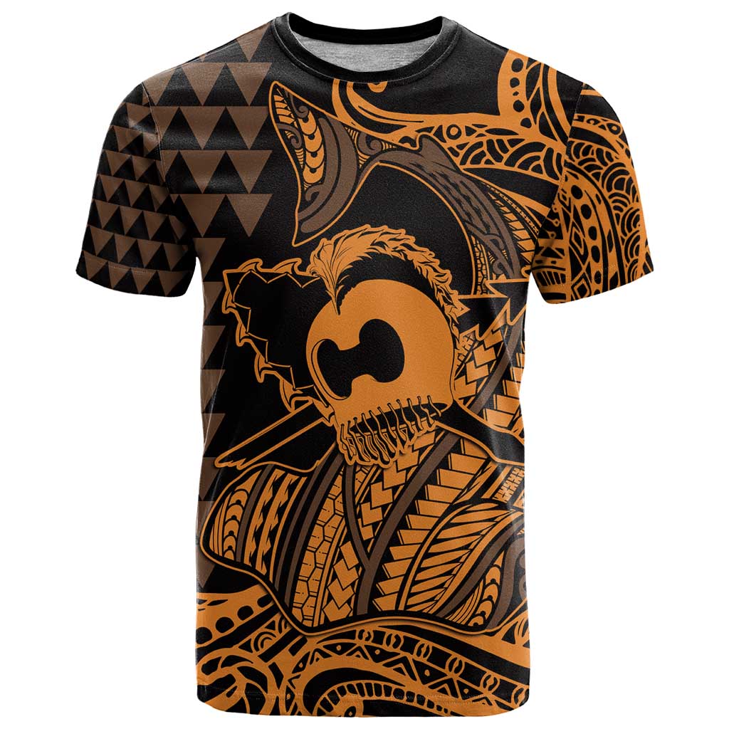Koa Ikaika Warrior Helmet with Shark T Shirt Gold Kakau Style LT9 Gold - Polynesian Pride