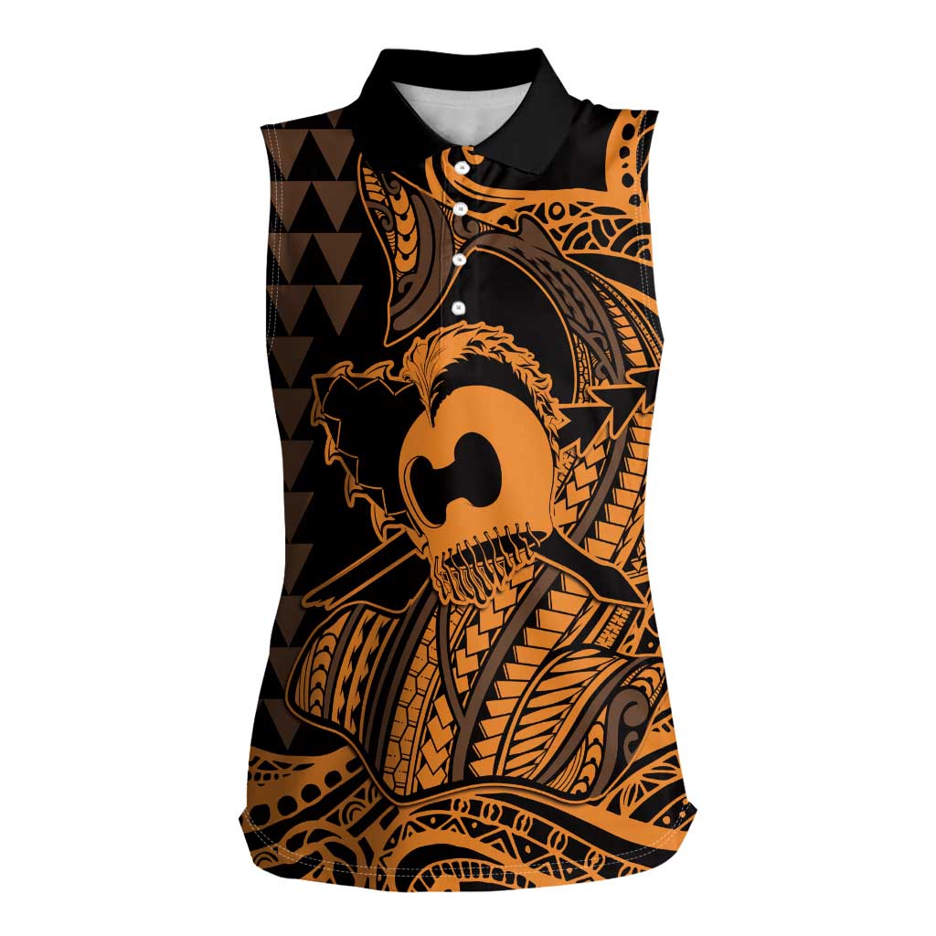 Koa Ikaika Warrior Helmet with Shark Women Sleeveless Polo Shirt Gold Kakau Style LT9 Female Gold - Polynesian Pride