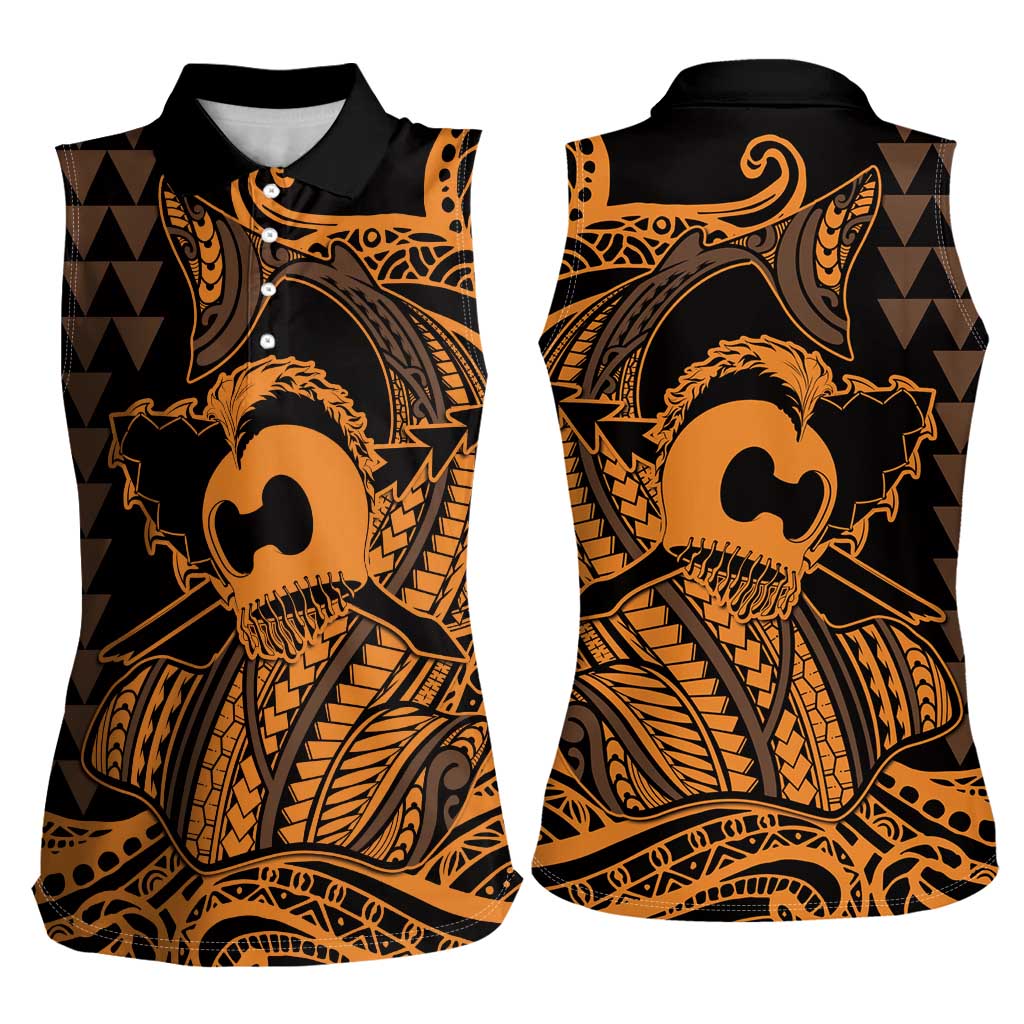 Koa Ikaika Warrior Helmet with Shark Women Sleeveless Polo Shirt Gold Kakau Style LT9 - Polynesian Pride