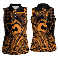 Koa Ikaika Warrior Helmet with Shark Women Sleeveless Polo Shirt Gold Kakau Style LT9 - Polynesian Pride