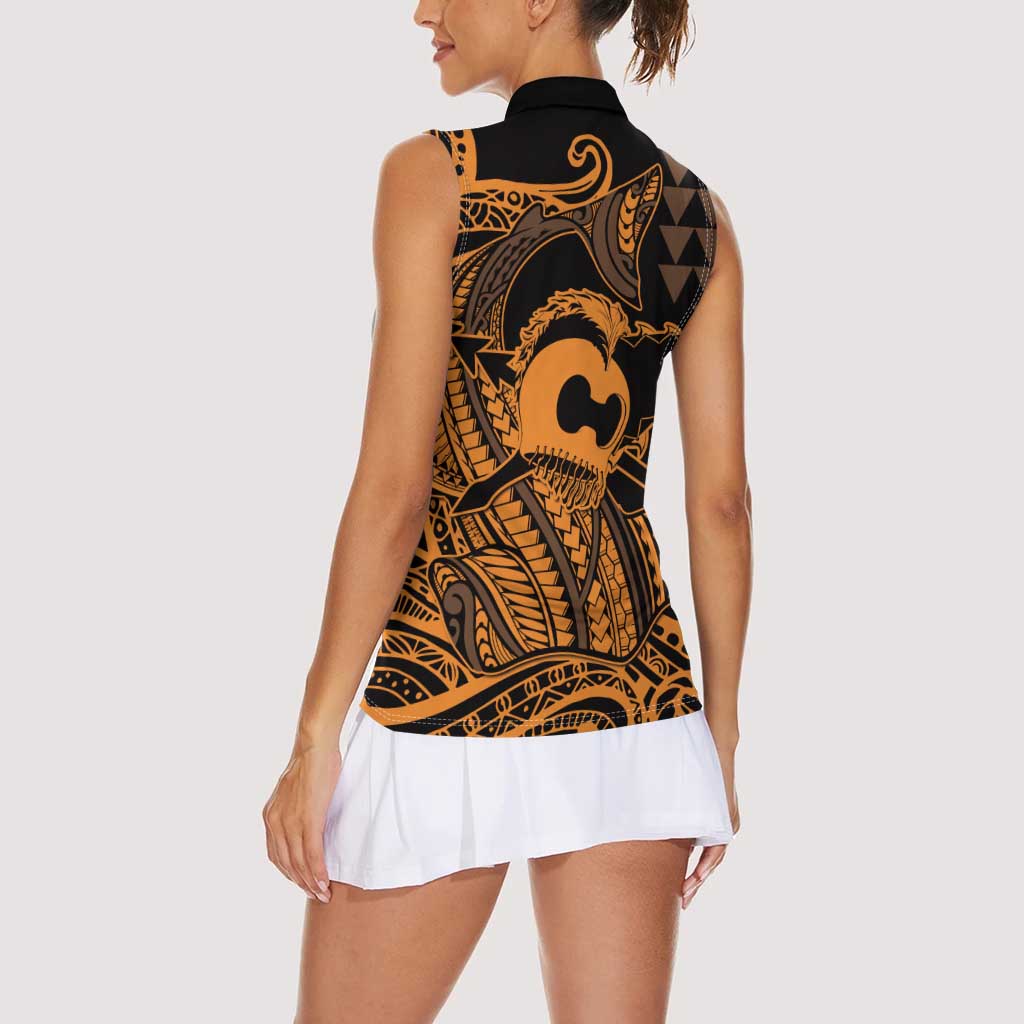 Koa Ikaika Warrior Helmet with Shark Women Sleeveless Polo Shirt Gold Kakau Style LT9 - Polynesian Pride